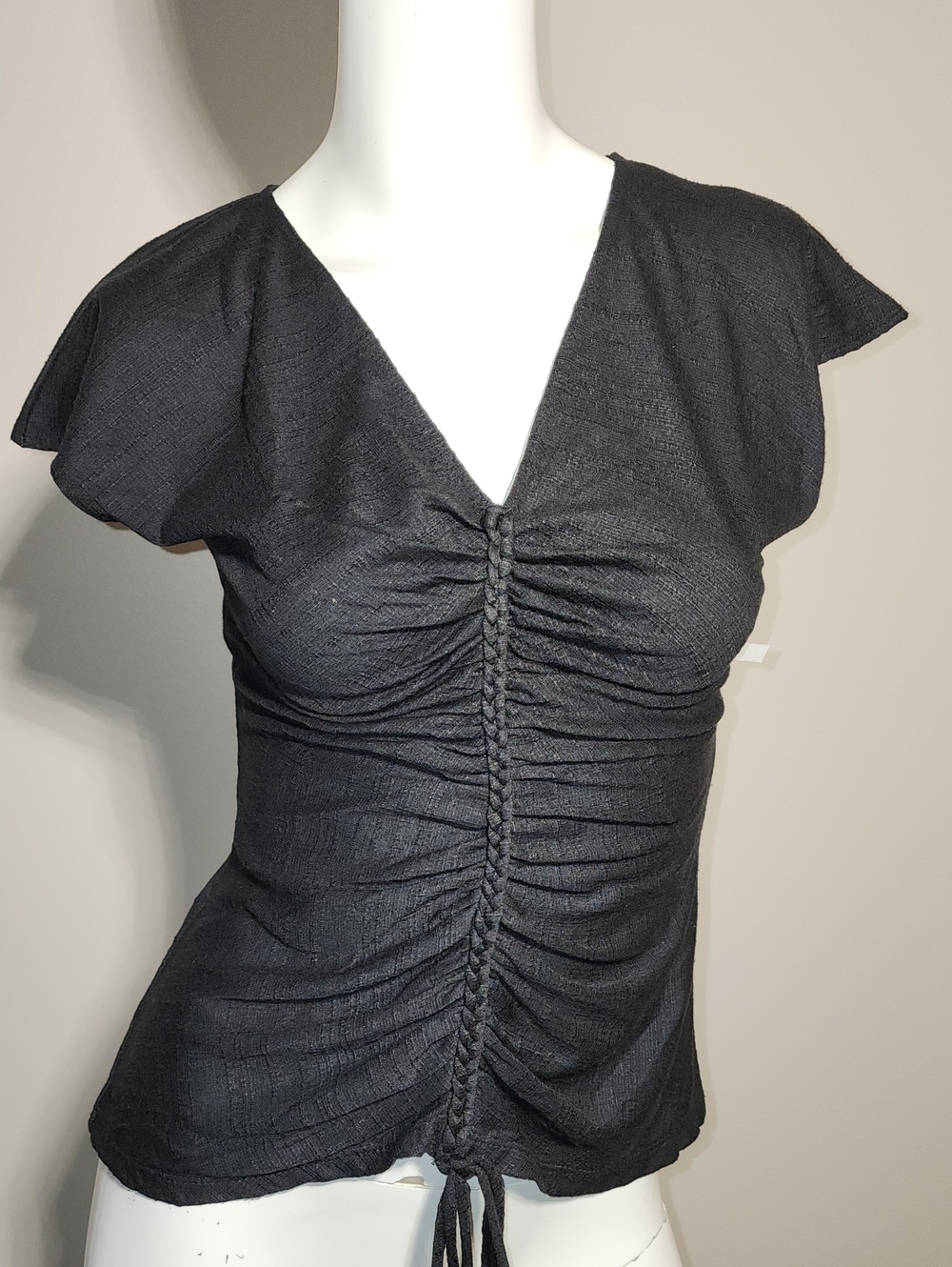 Max Studio Black Ruched V-Neck Drawstring Top